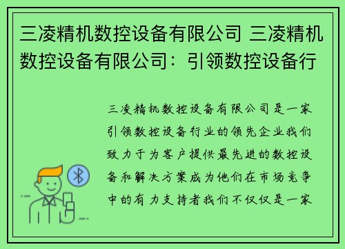 三凌精机数控设备有限公司 三凌精机数控设备有限公司：引领数控设备行业的领先企业